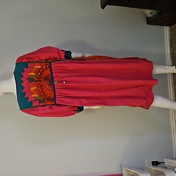VTG OPUS 1 1970s Mexican Pink Patchwork Horn Beaded Fringe Boho Festival Dress - Picture 9 of 16